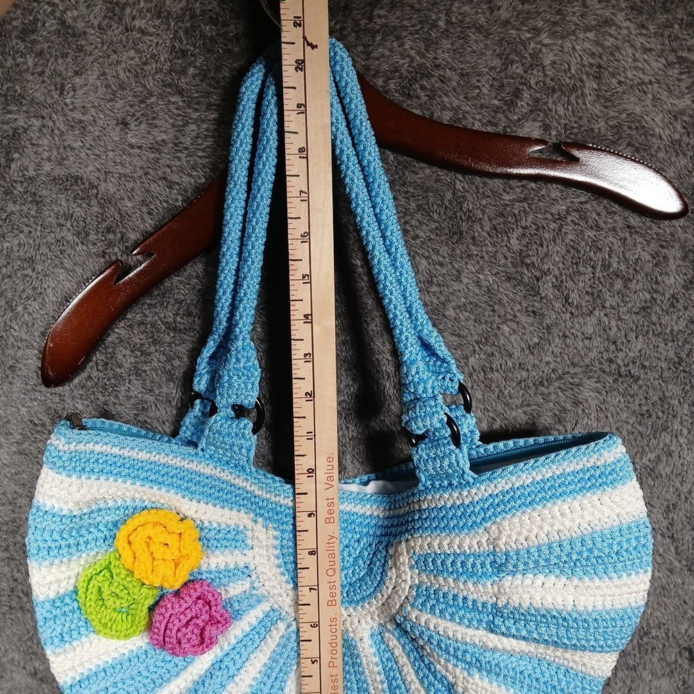 Women's Crotchet Purse Bag Tote Handmade Round Flowers Blue White NEW! - Picture 6 of 12